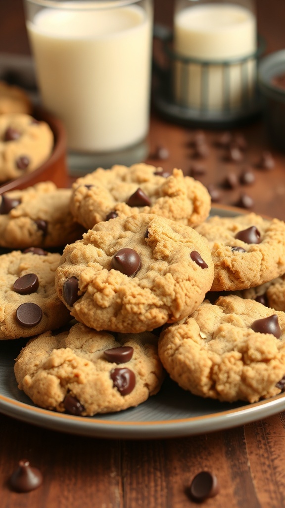 A plate of chocolate chip crumble cookies with a crumbly topping and melted chocolate chips.